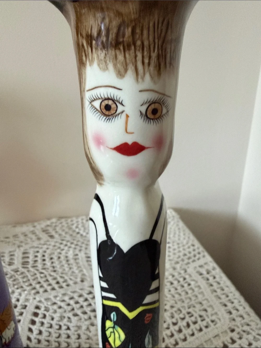 Hand-Painted Ceramic Figurine Candlestick Pair in Purple, Teal, Black